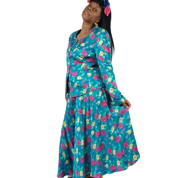 Adrianna Papell Vintage Safe Silk 100% Floral Boho Silk Two Piece Maxi S…